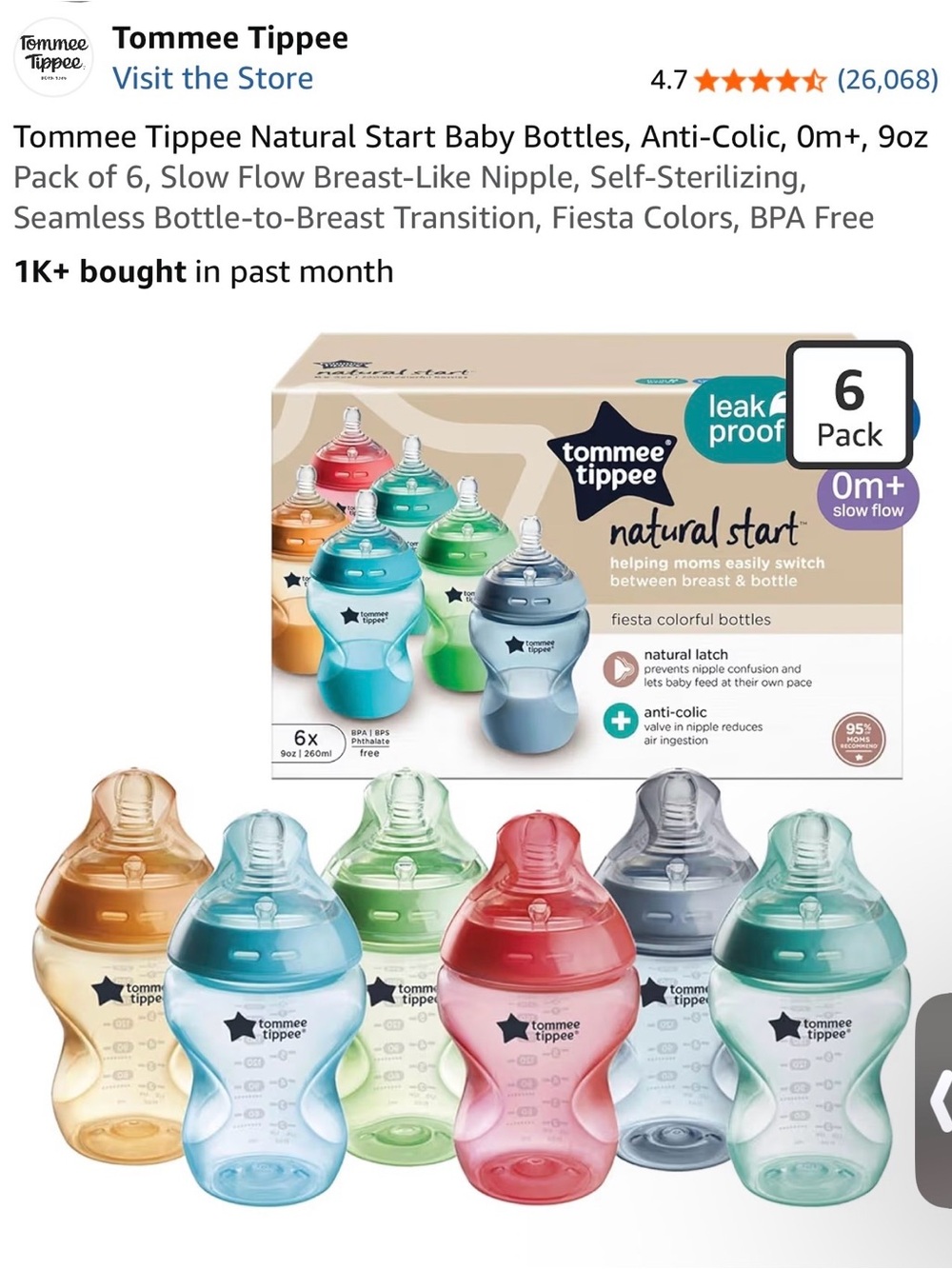 Tommee Tippee Baby Bottle- Fiesta(6-Pack) 0m+ leak proof